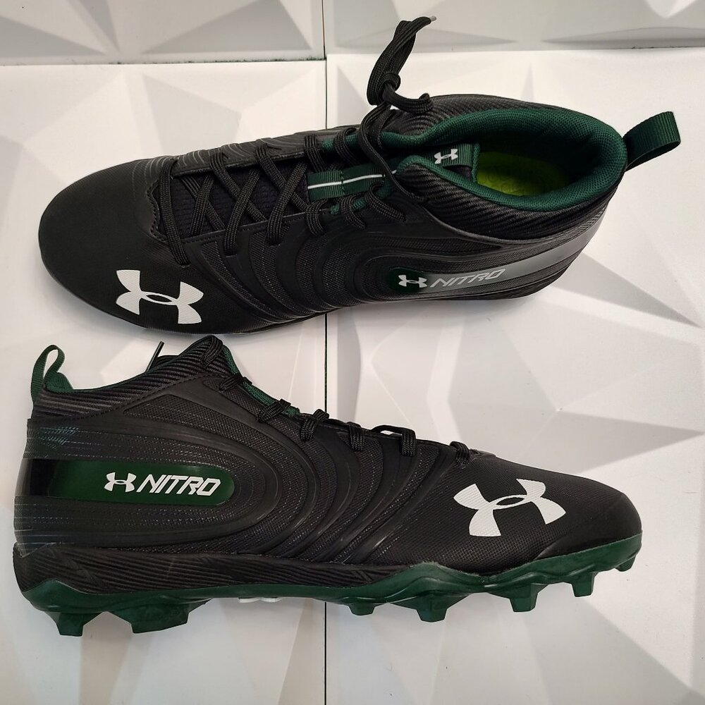 Under Armour Mens Football Cleat 16 Black Green Shoe Lacrosse Nitro Mid MC - Picture 10 of 10